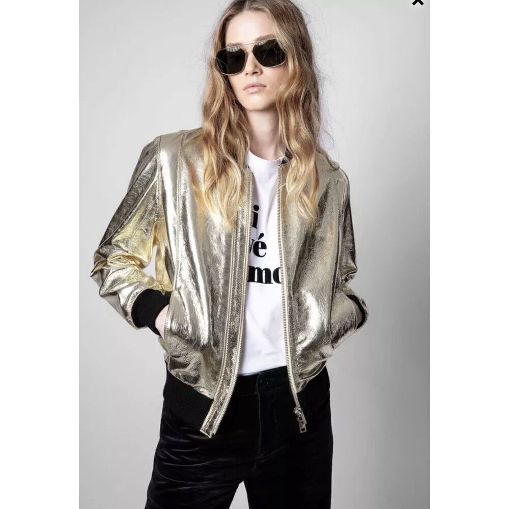 ZADIG & VOLTAIRE Size XS Larsona Foil Gold Leather Metallic Bomber Jacket